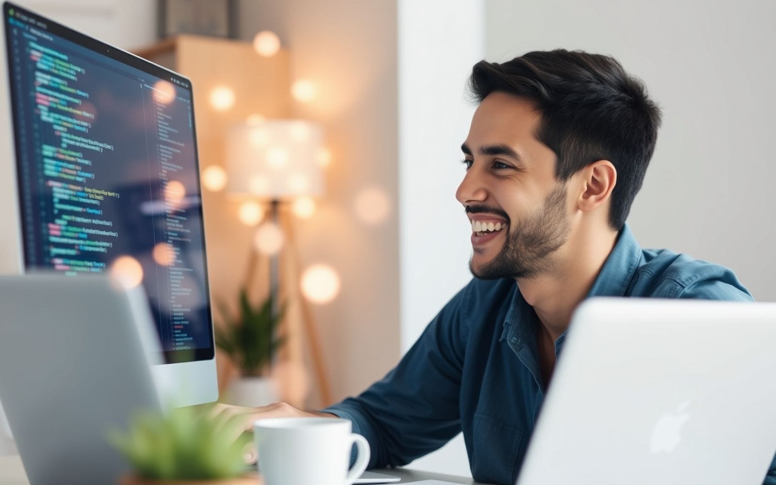 Developer using AI code generators on a laptop