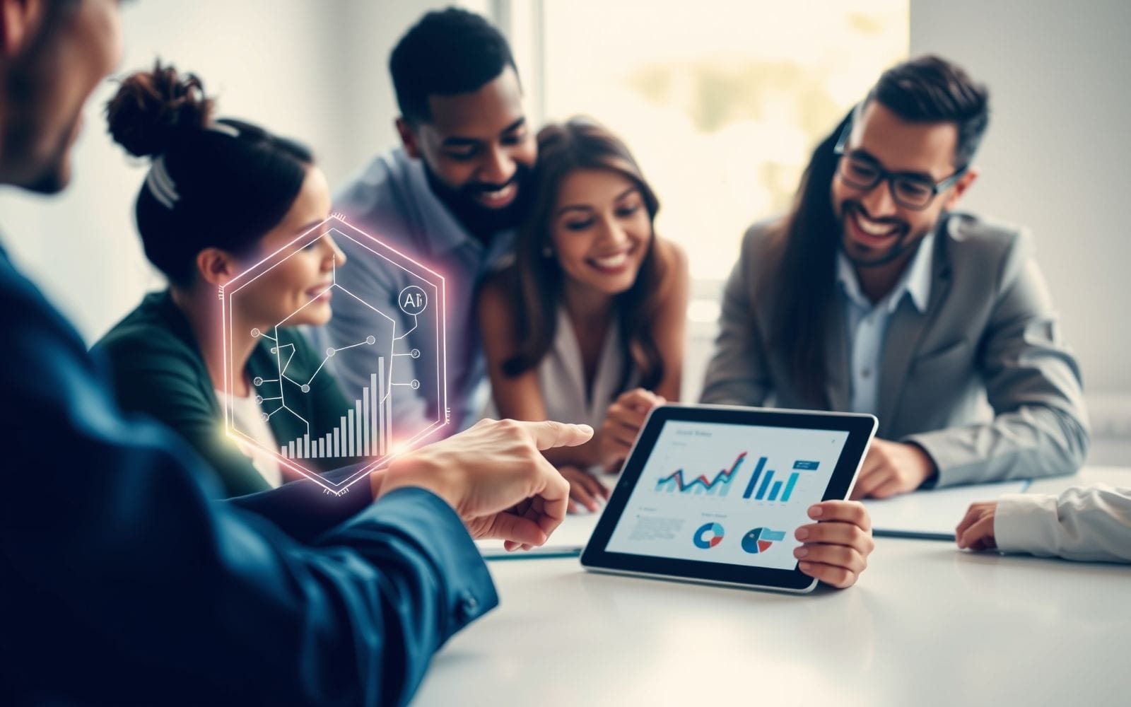 Professionals using a tablet with AI for SEO data visualization.