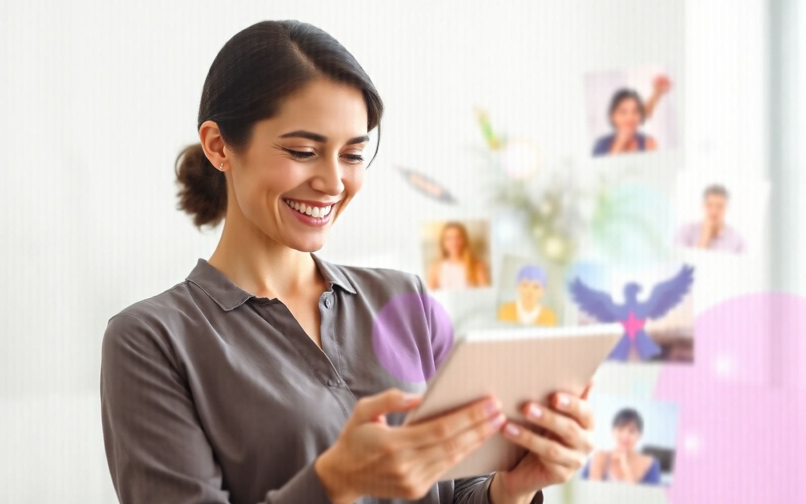 Person smiling at screen with colourful shapes, representing AI image generators.