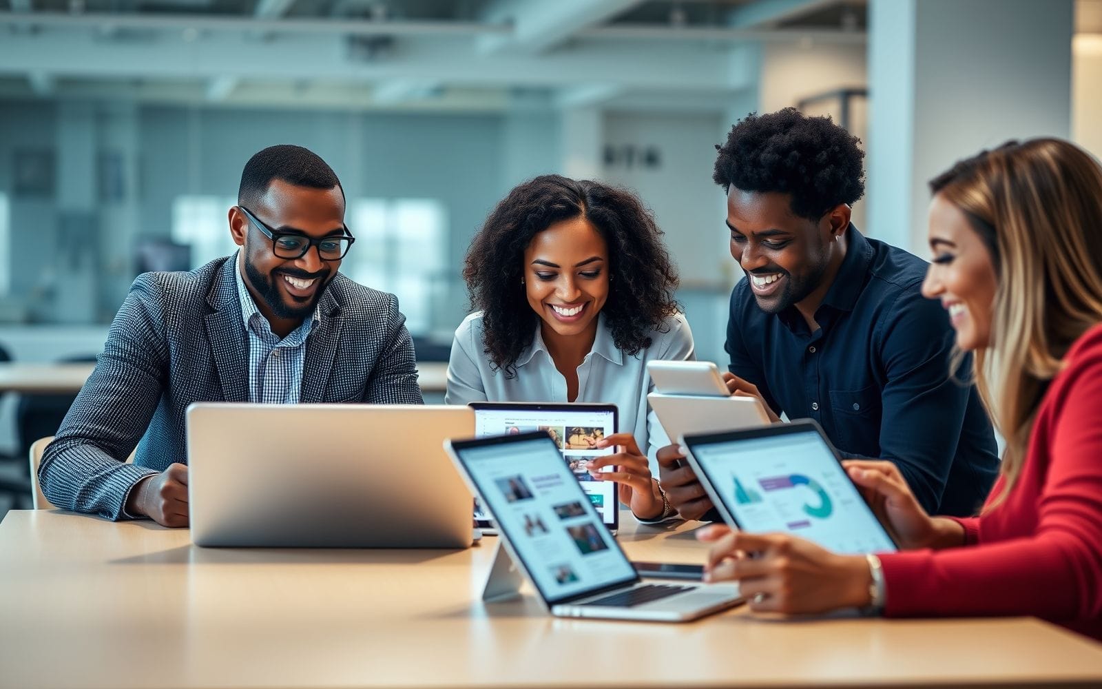 Professionals using various AI tools collaboratively.