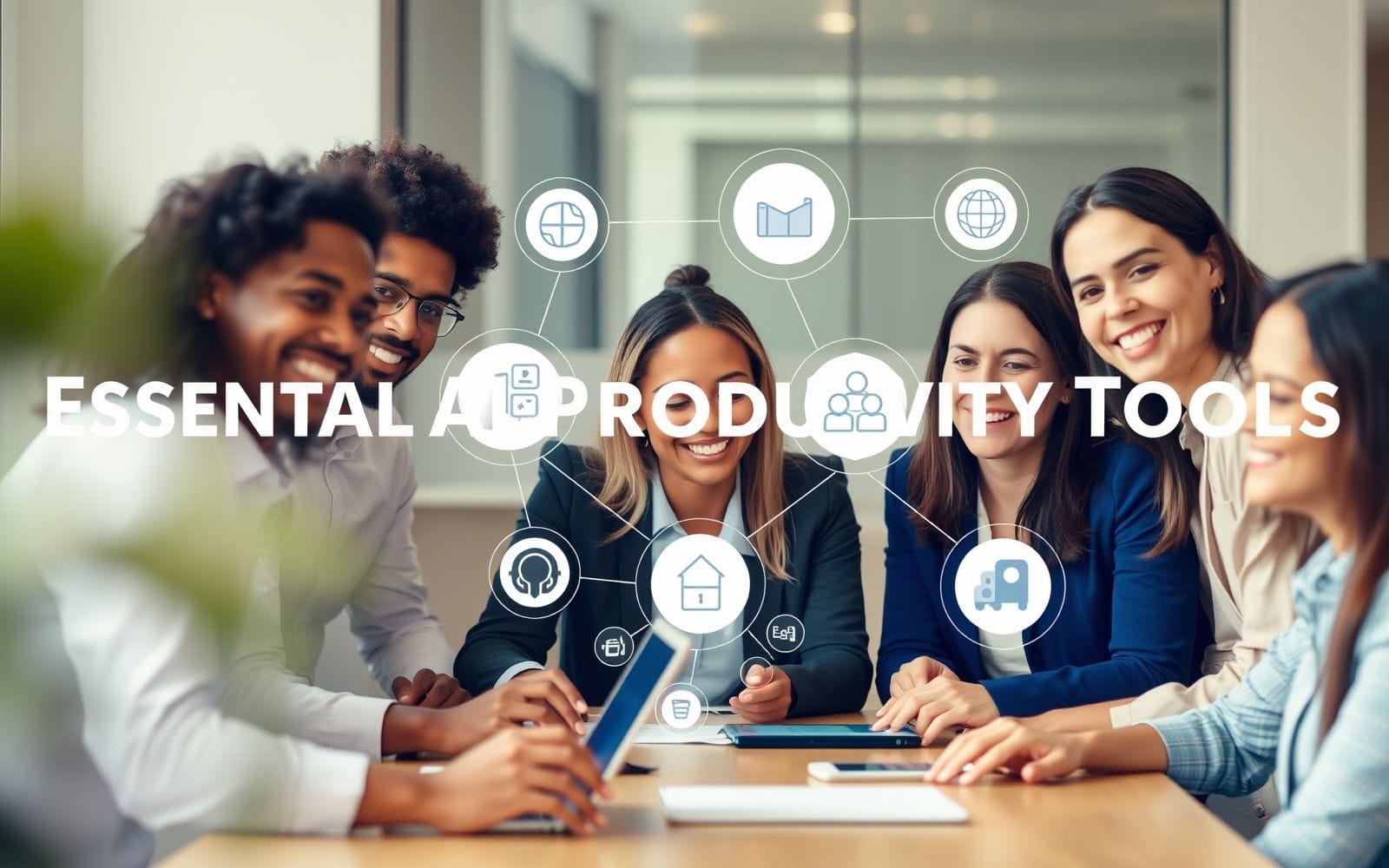 Professionals using essential AI productivity tools on devices.