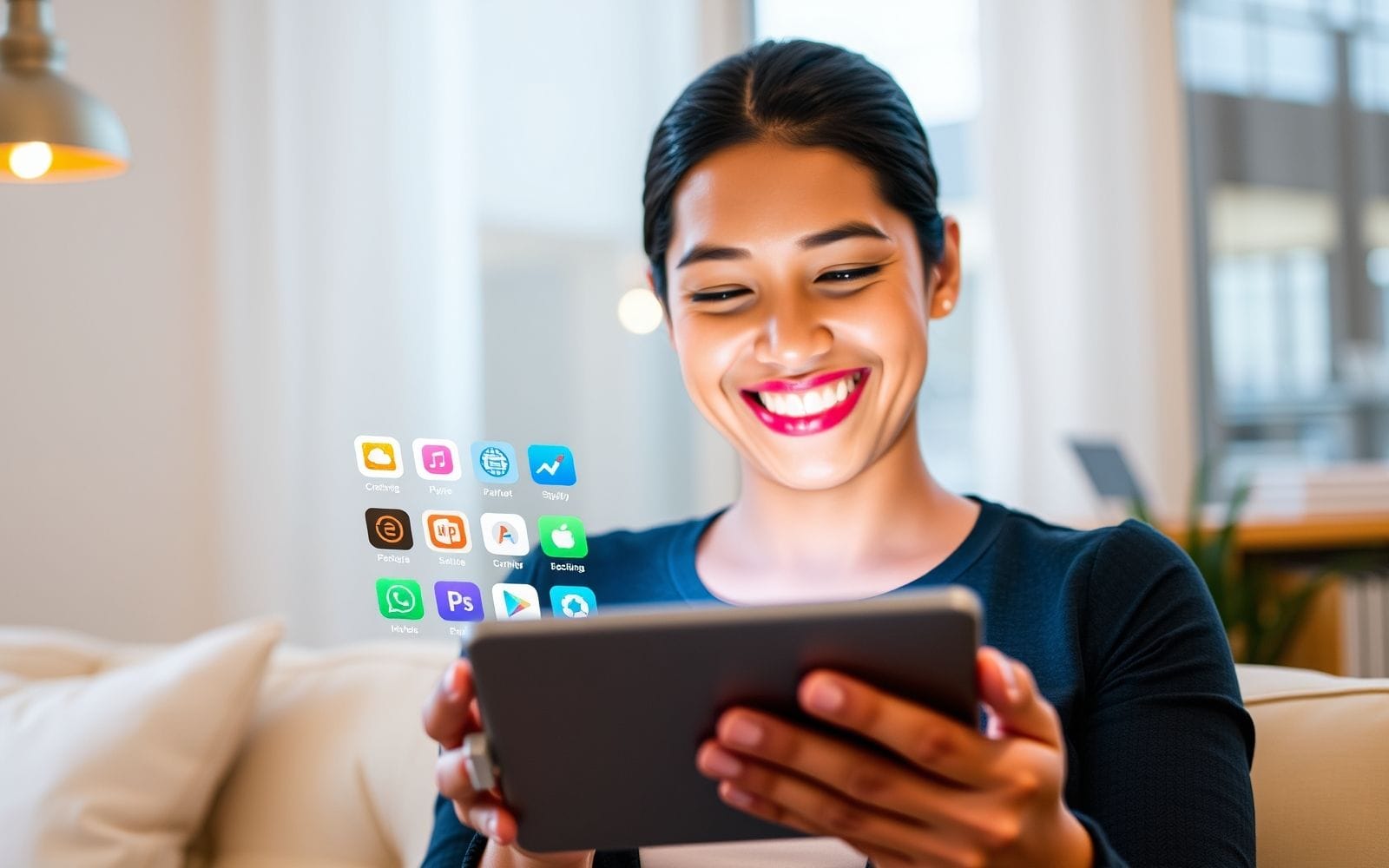 Person smiling, finding great deals on software on a tablet.