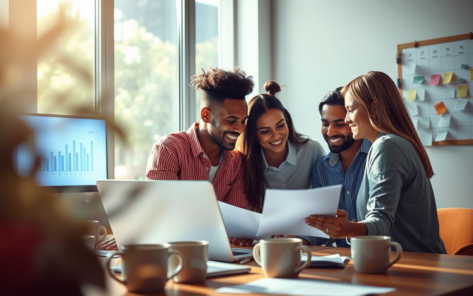 Diverse team collaborating on marketing strategy.