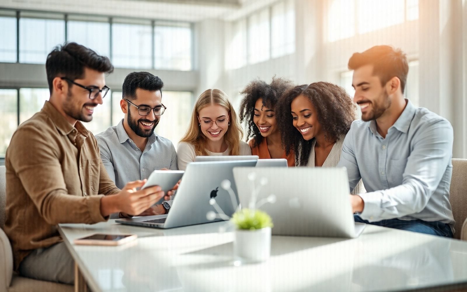 Diverse professionals collaborating using SaaS tools.