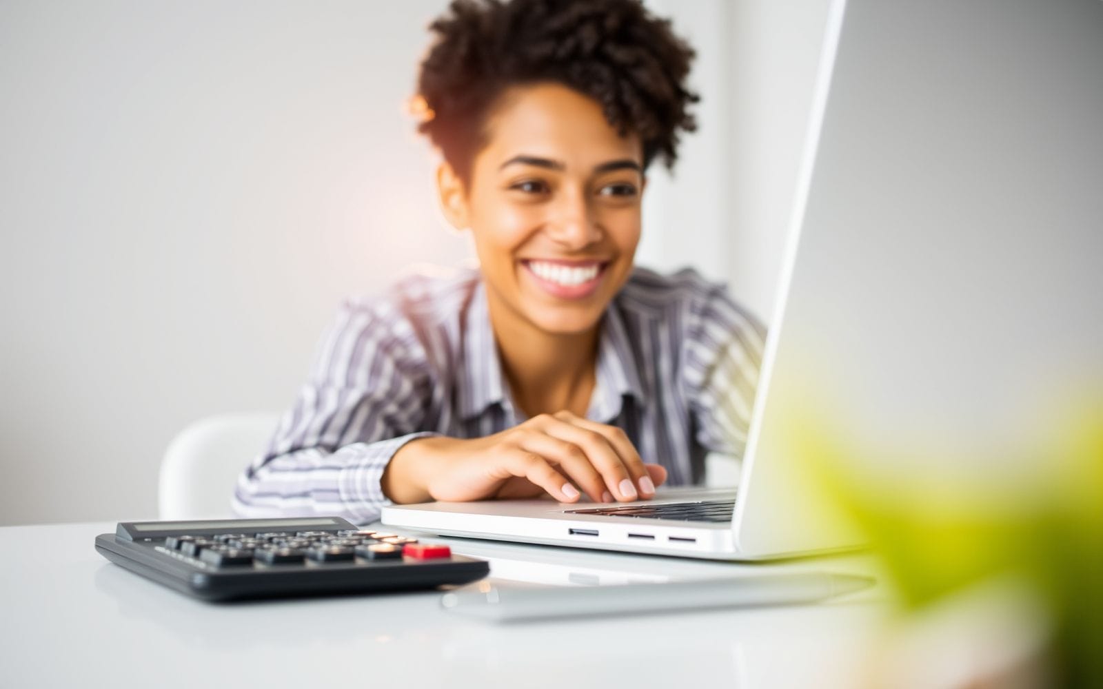 Person smiling at accounting software on a laptop.