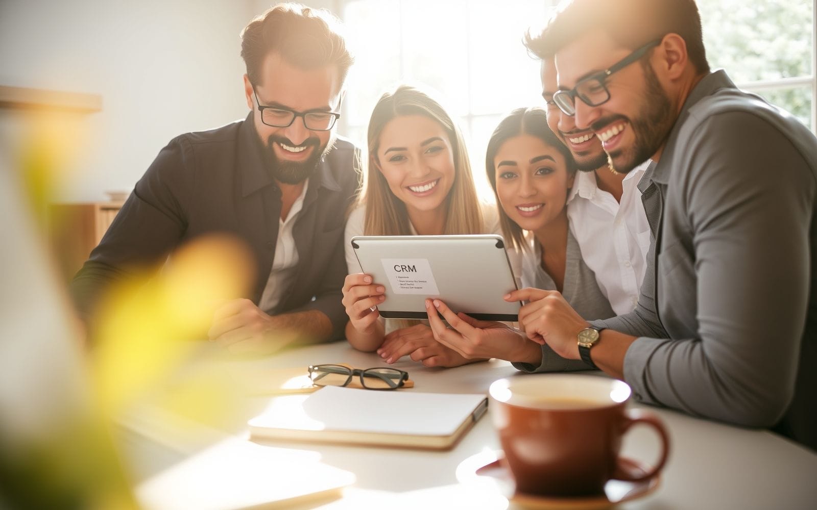 Business owners using affordable CRM SaaS software on a tablet.
