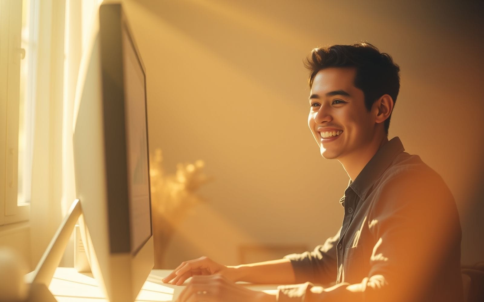 Person smiling while using desktop computer with best lifetime deals software icons.