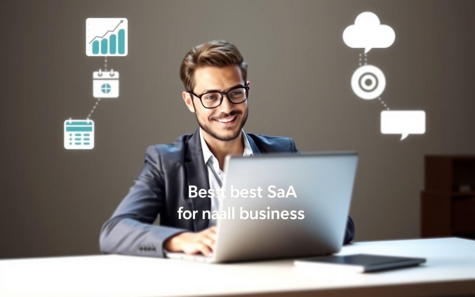 Small business owner smiling while using laptop, representing the best SaaS for small businesses.