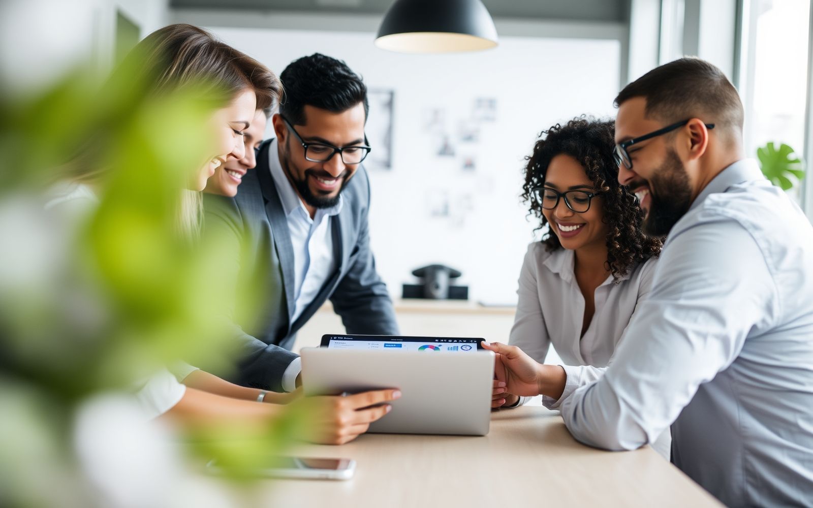 Professionals using business software collaboratively on a tablet.