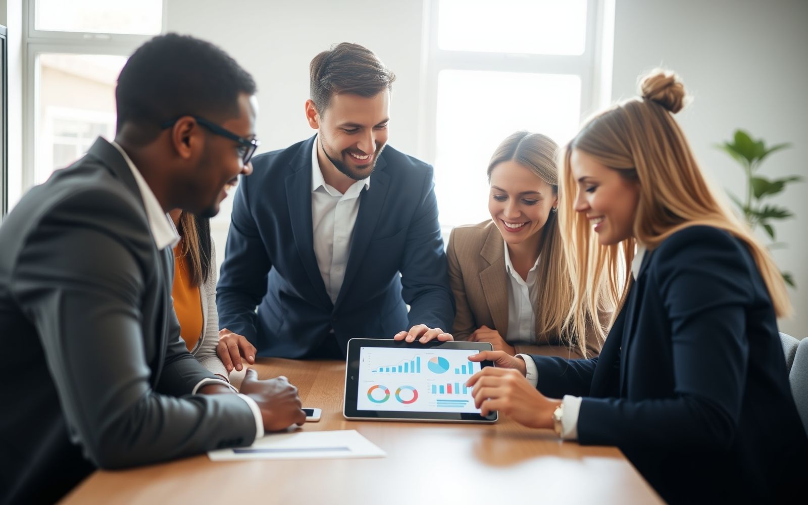 Professionals collaborating on customer data insights using CRM software.