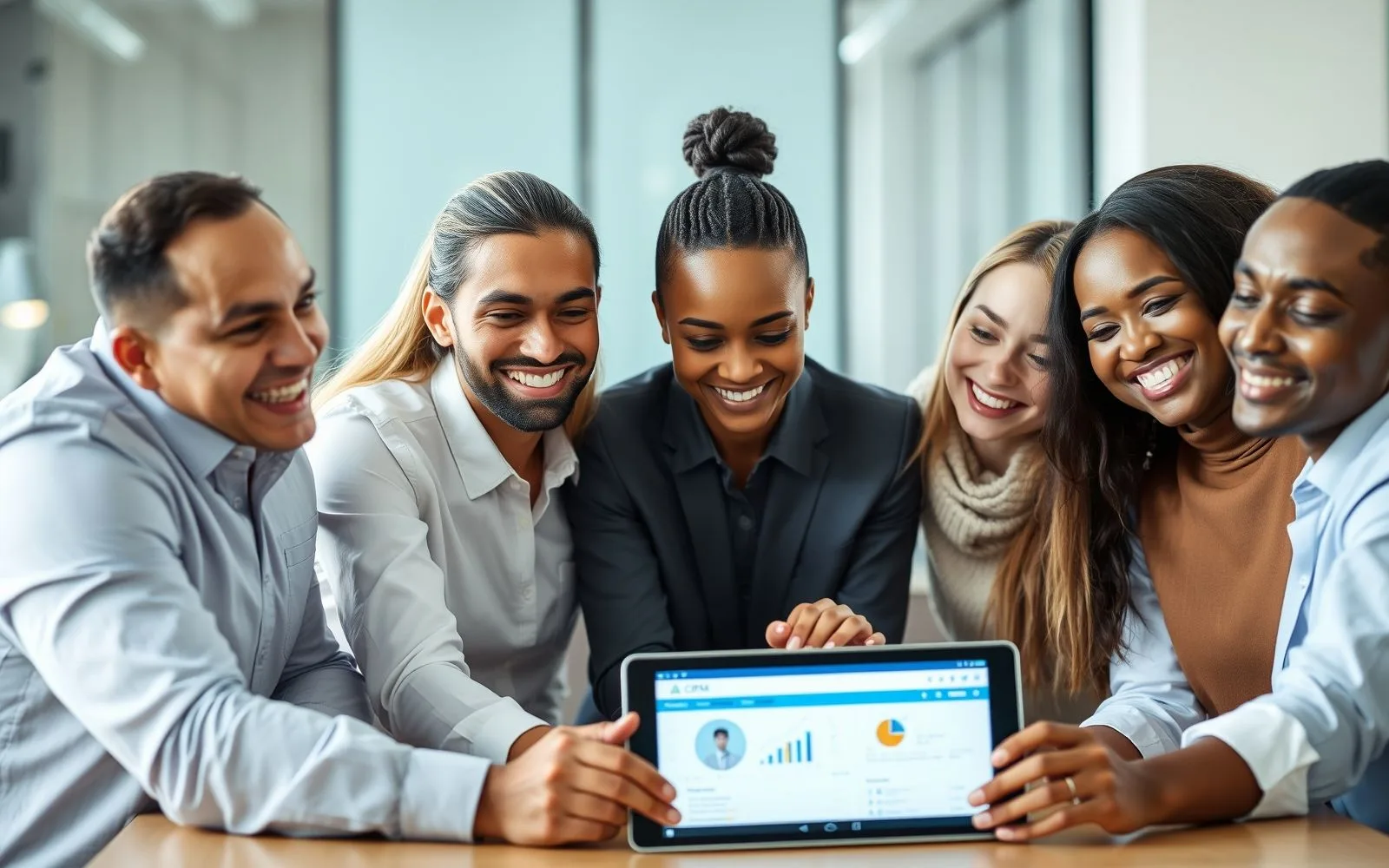 Professionals collaborating on customer data insights using CRM software.