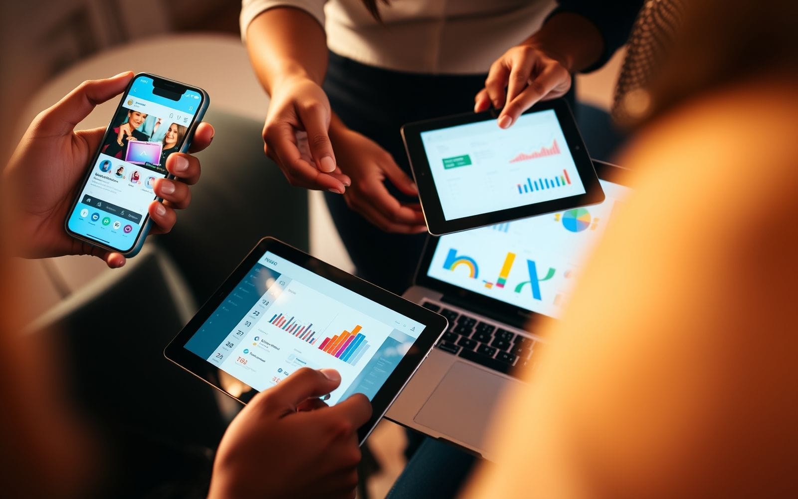 Hands interacting with devices showing customer engagement tools.