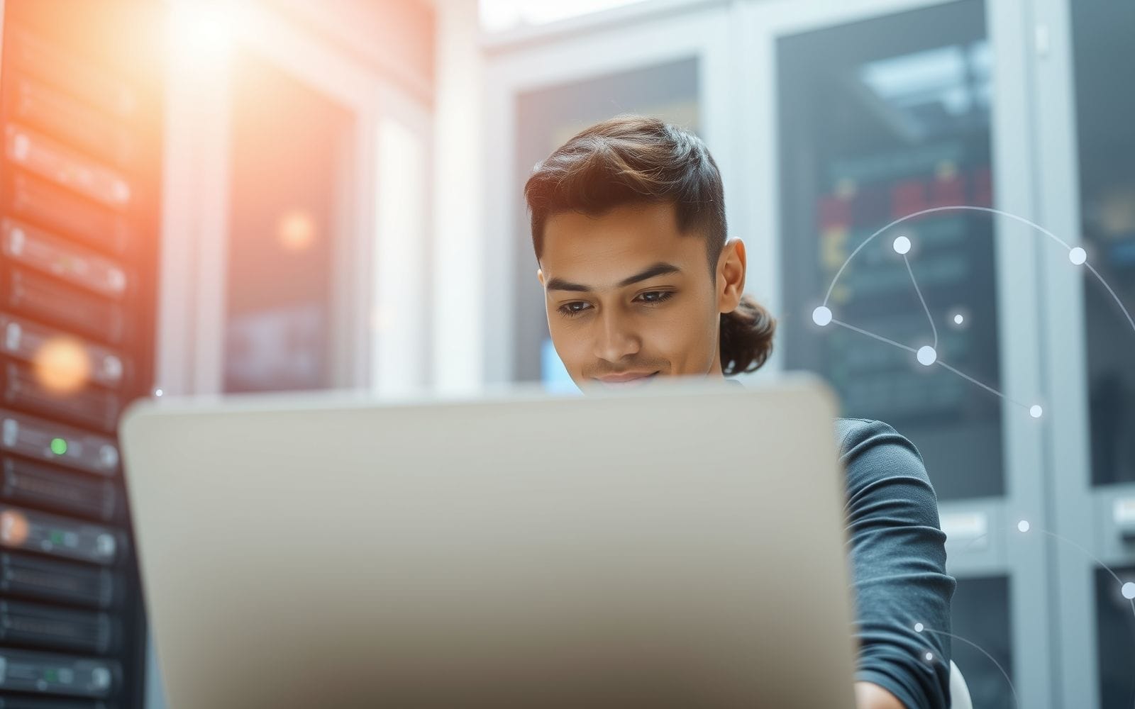 Person confidently using a laptop, representing dedicated servers.