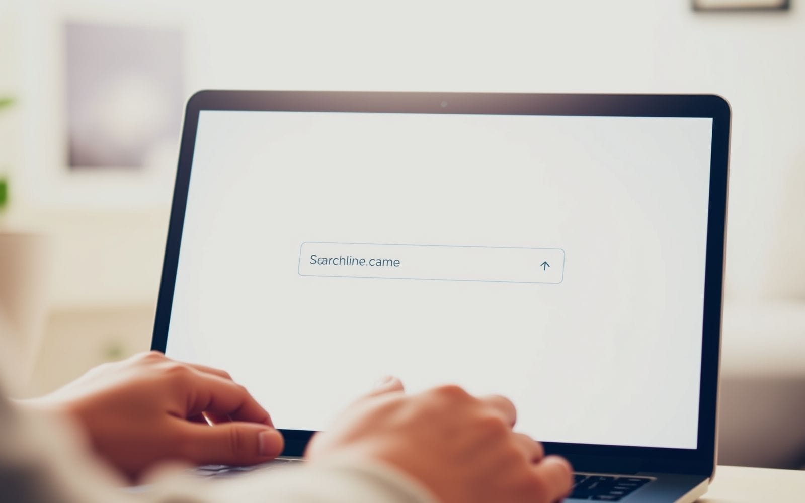 Person searching for domain name with a domain registrar interface on laptop.
