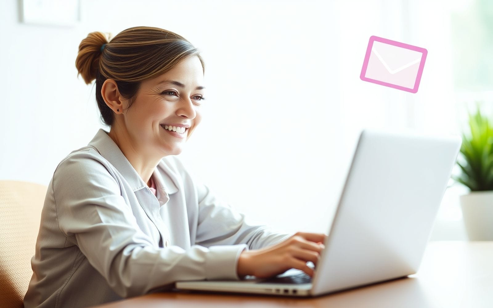 Person smiling while using email marketing software on a laptop.