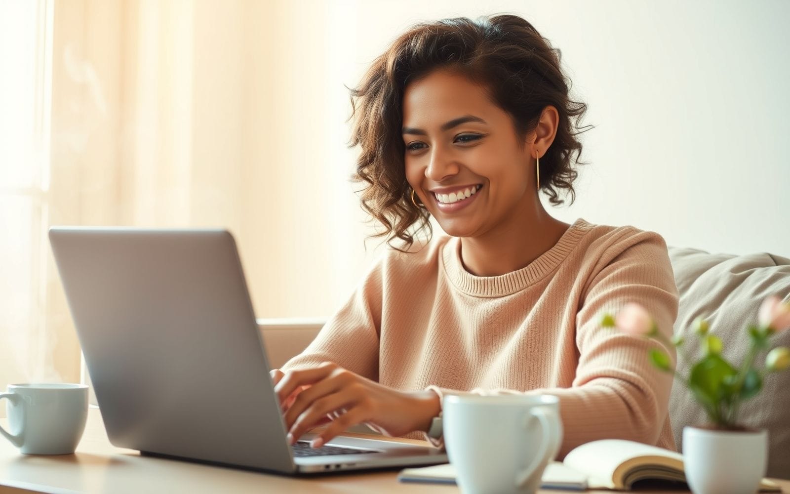 Person smiling while finding expiring software deals on a laptop.