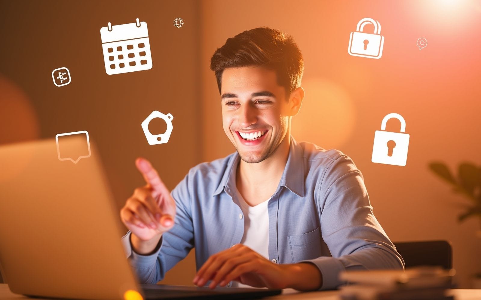 Person smiling while finding new software deals on a laptop.