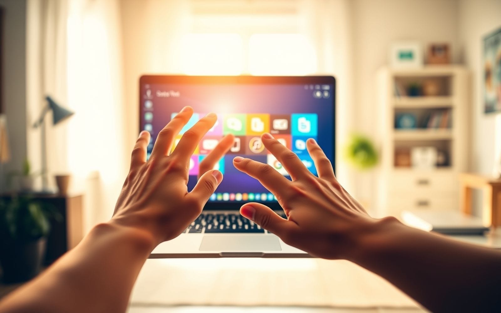 Hands reaching for a laptop screen showing free software deals.