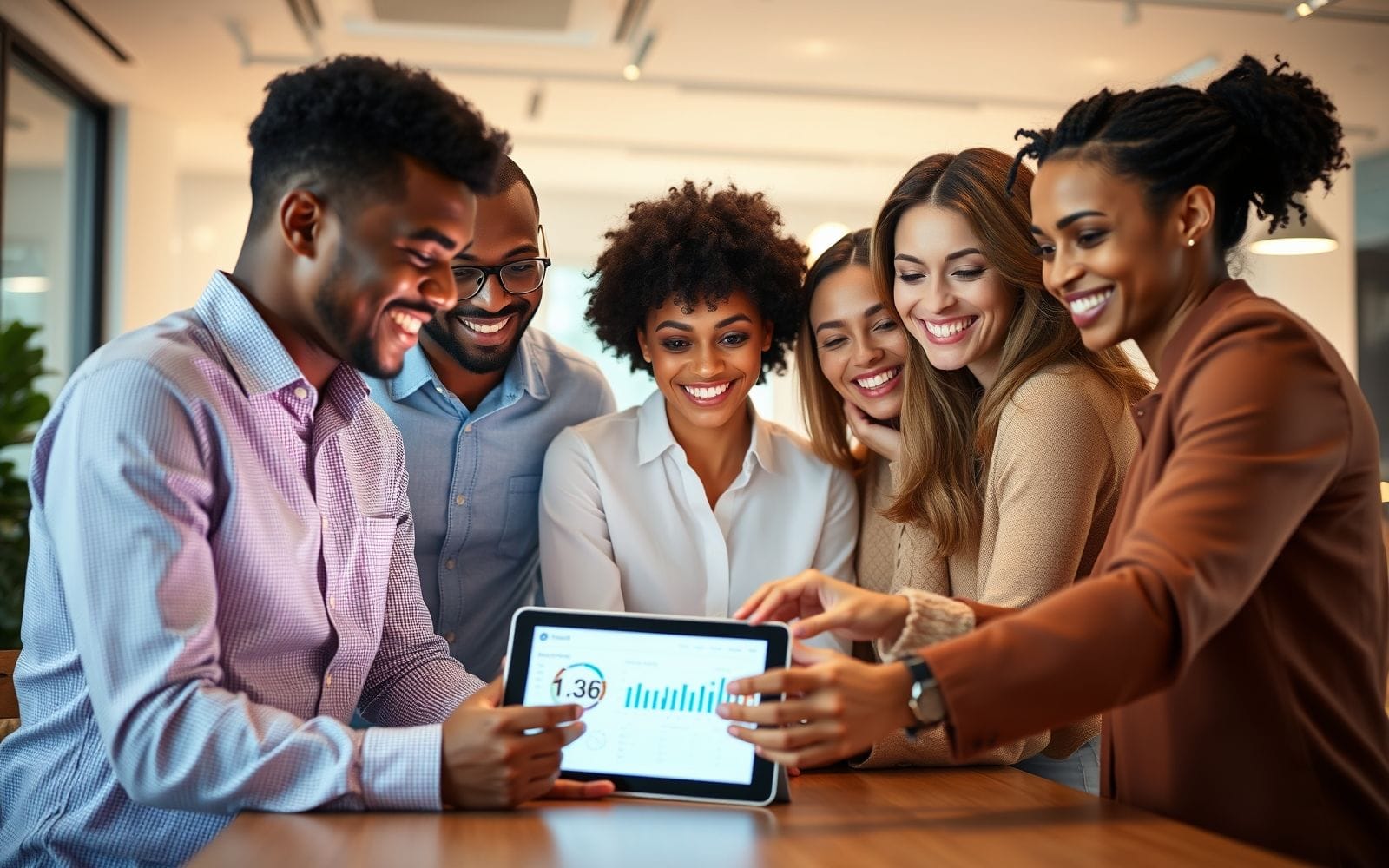 Employees smiling using HR and employee management software on a tablet.