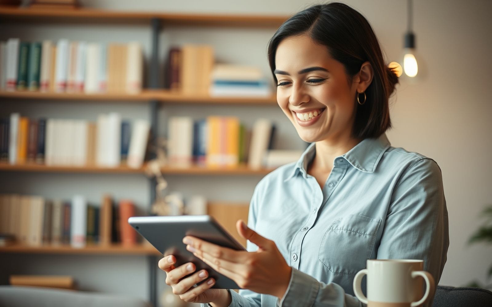 Person smiling while engaged in language learning courses on a tablet.