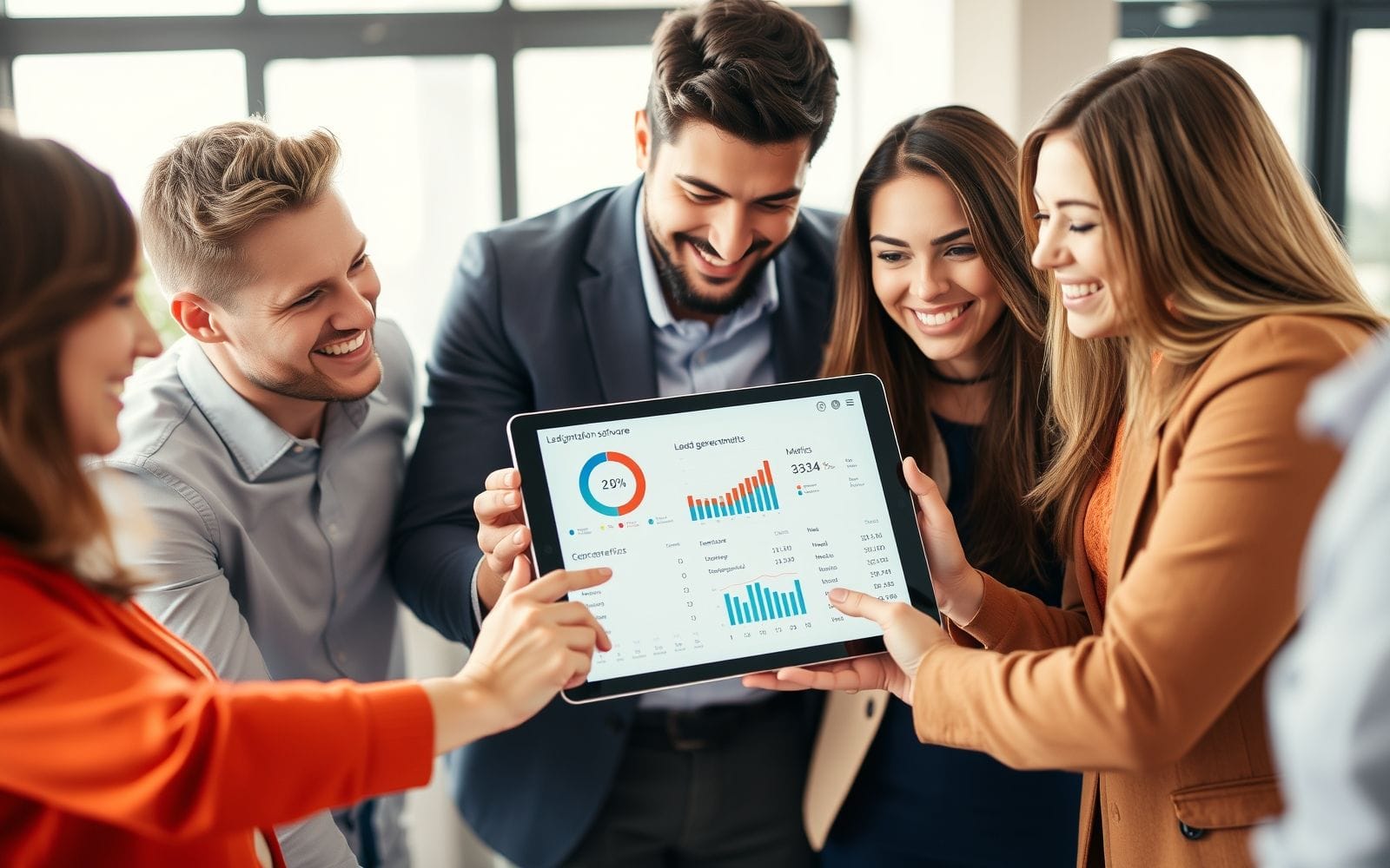 Professionals analyzing lead generation software data on a tablet.