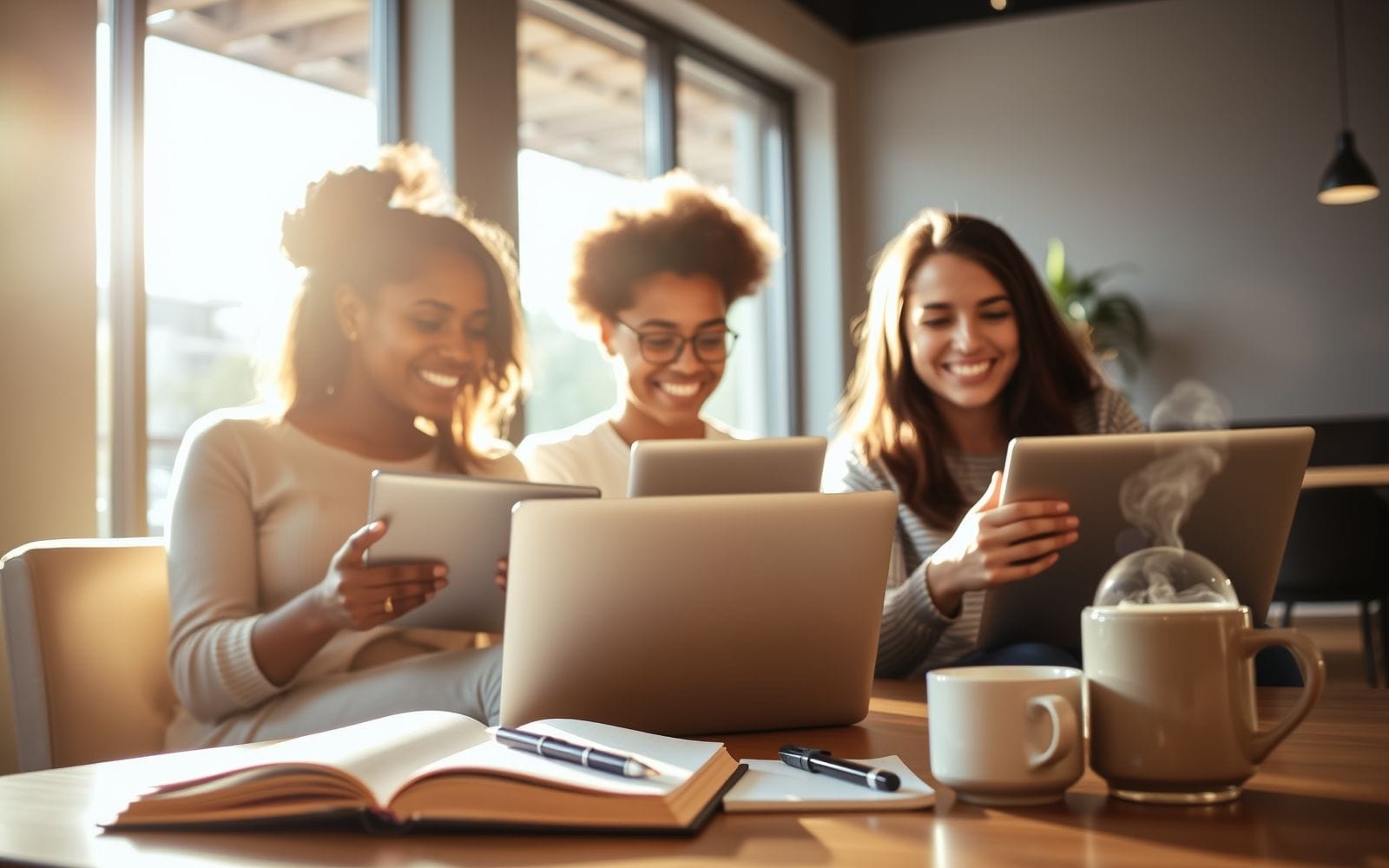 People learning technology courses online on laptops.