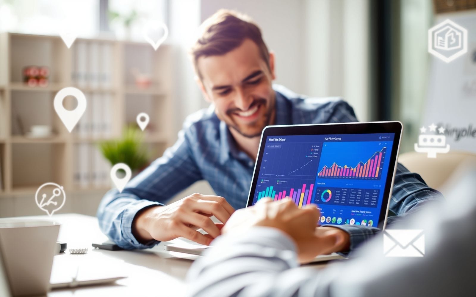 Person happily analyzing local SEO tool data on a laptop.