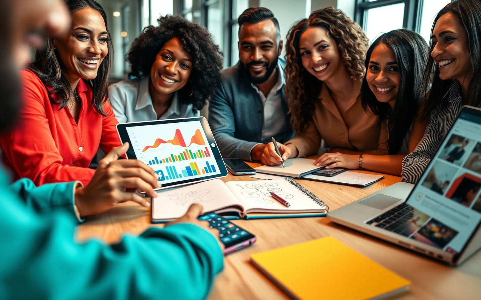 Professionals using marketing tools on devices.