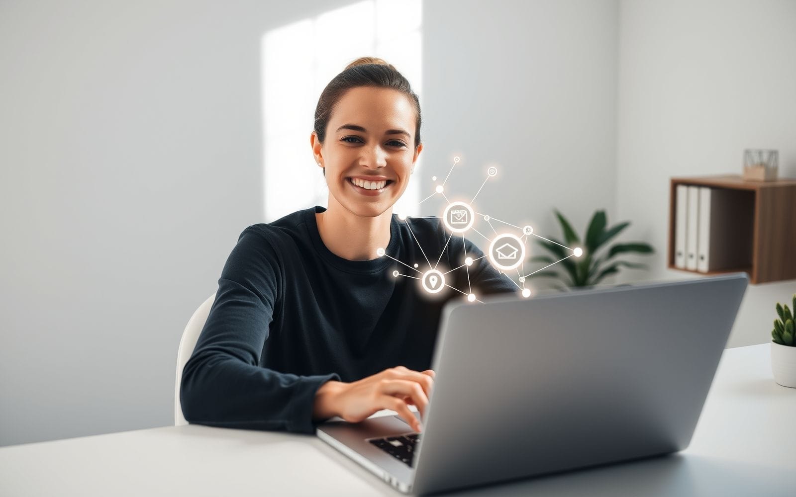 Person interacting with glowing digital tools, representing must-have utility software.