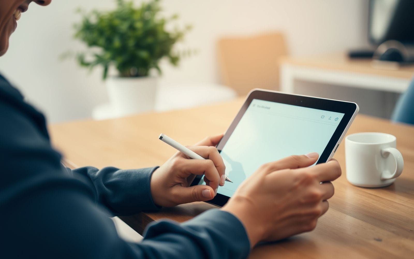 Person smiling while using a note-taking app on a tablet, enhancing productivity.