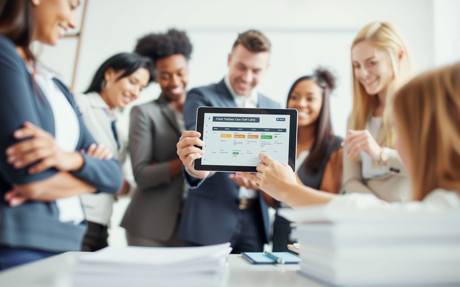 Professionals collaborating using project management software on a tablet.