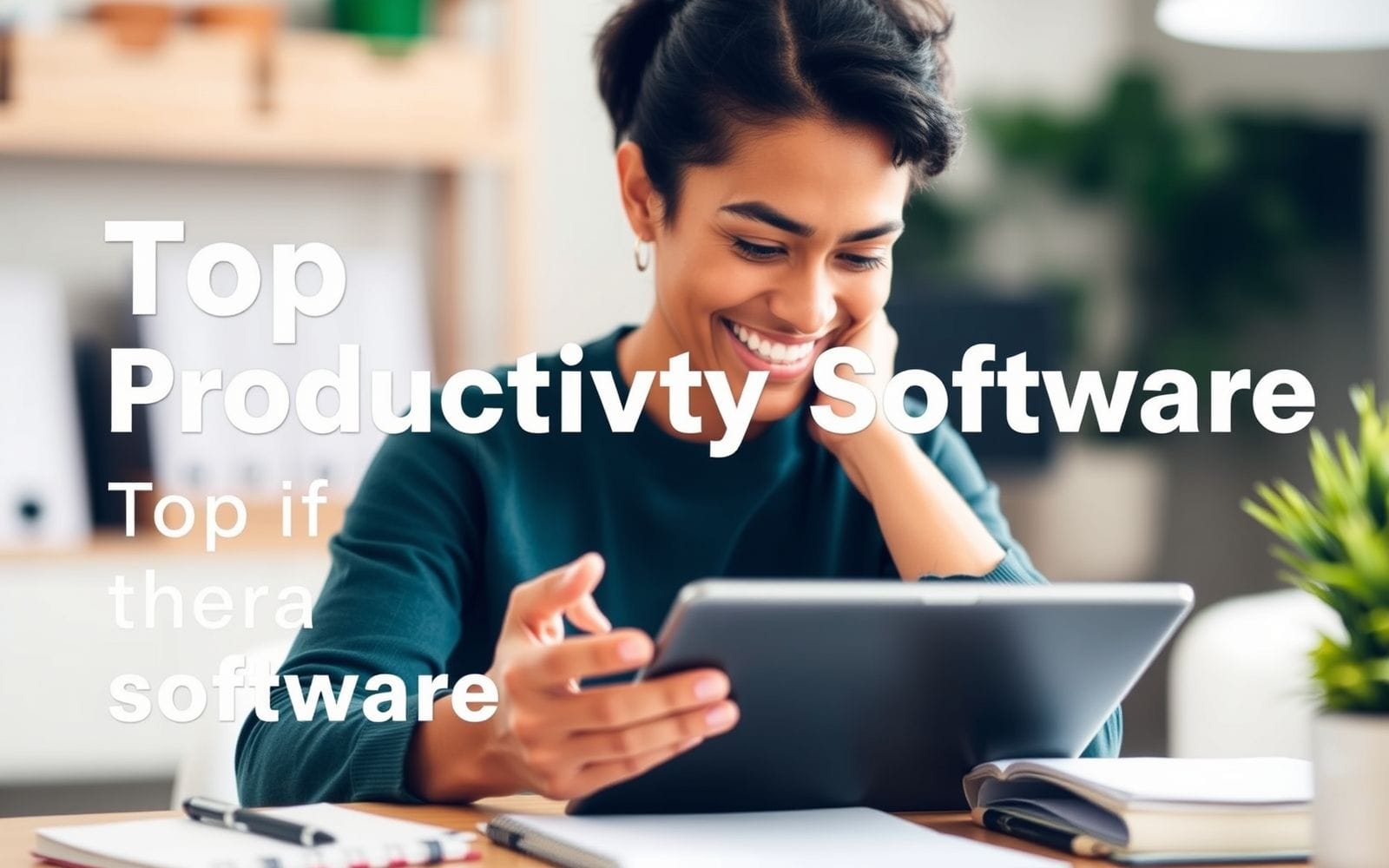 Person smiling using top productivity software on a tablet.
