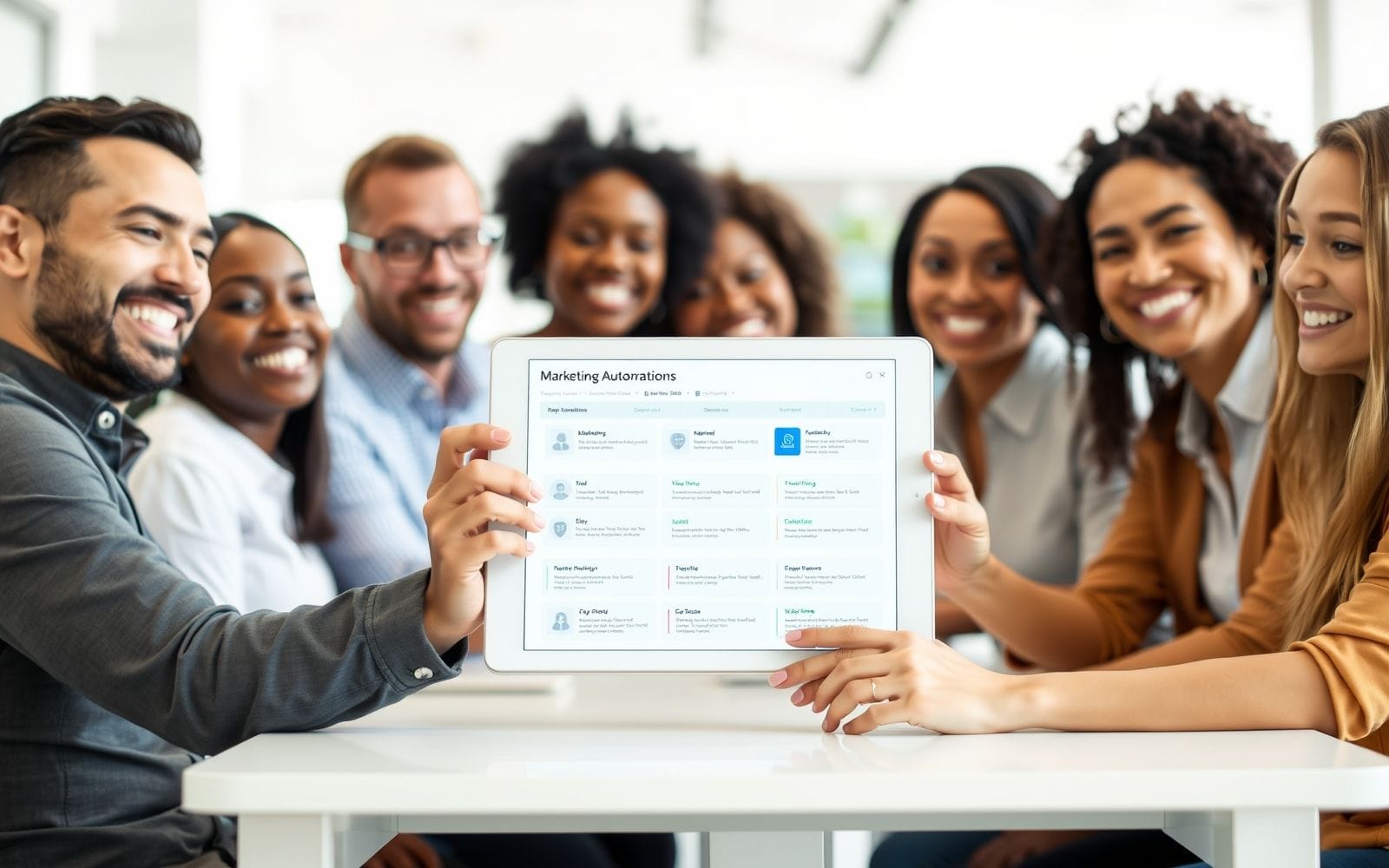 Group collaborating on marketing automation SaaS