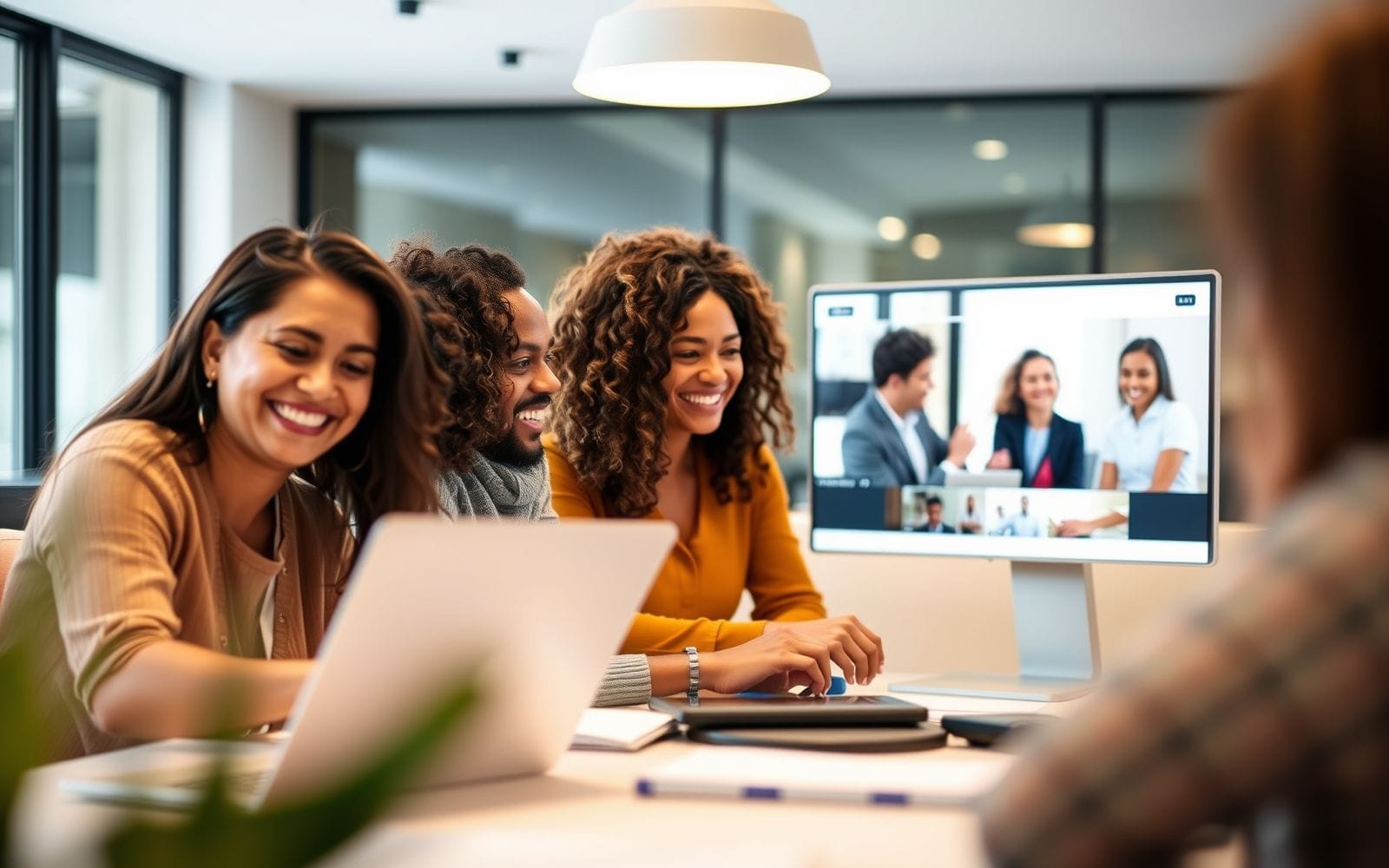 Diverse group of people smiling and engaged during a webinar using webinar platforms.