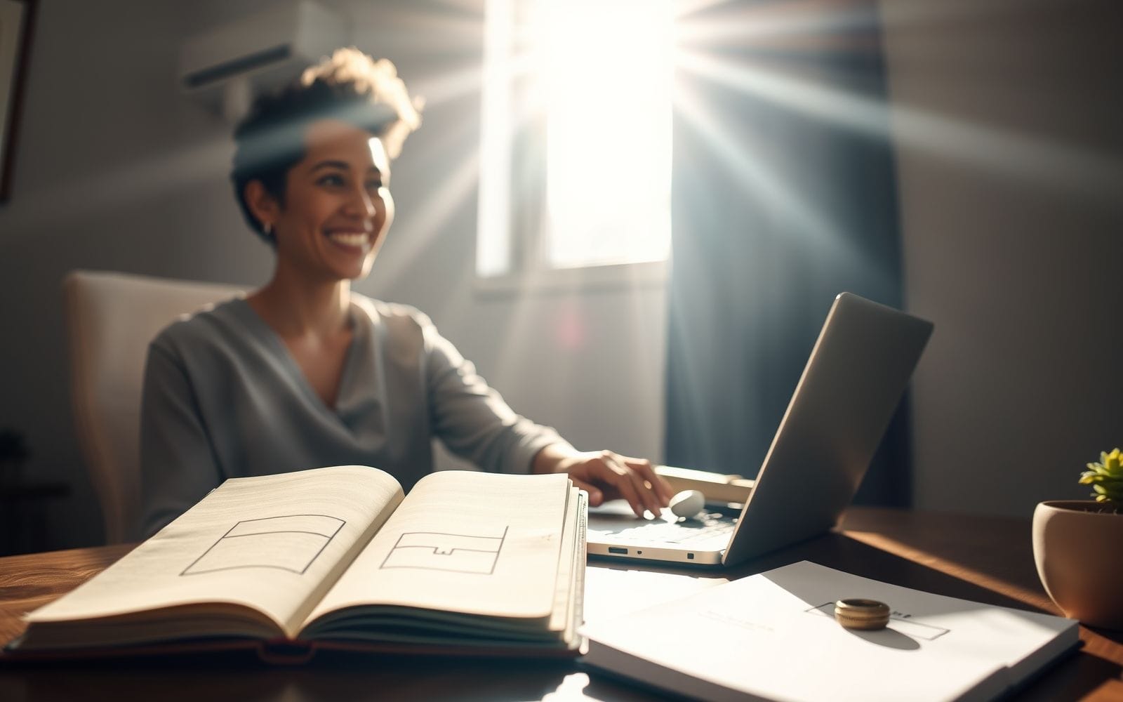 Person smiling while using a website builder on a laptop.
